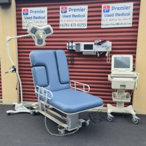 Exam Tables for Sale Oakworks Dual Tower Ultrasound Table, New Denim Upholstery & Hand or Foot Controller w 1 knockouts 1 Slide with Handrails