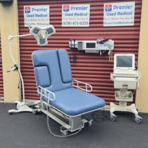 Exam Tables for Sale Oakworks Dual Tower Ultrasound Table, New Denim Upholstery & Hand or Foot Controller w 1 knockouts 1 Slide with Handrails