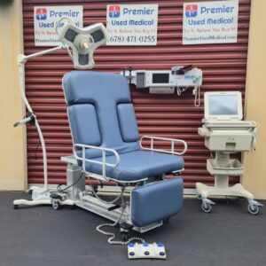 Exam Tables for Sale Oakworks Dual Tower Ultrasound Table w Foot Section, New Denim Blue Upholstery & Hand or Foot Controller w 2 knockouts
