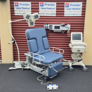Exam Tables for Sale Oakworks Dual Tower Ultrasound Table w Foot Section, New Denim Blue Upholstery & Hand or Foot Controller w 2 knockouts