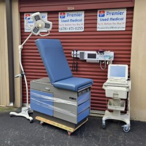 Exam Tables for Sale Stationary Manual Ritter 108 Silver Shell Blue Doors & New Blue Upholstery