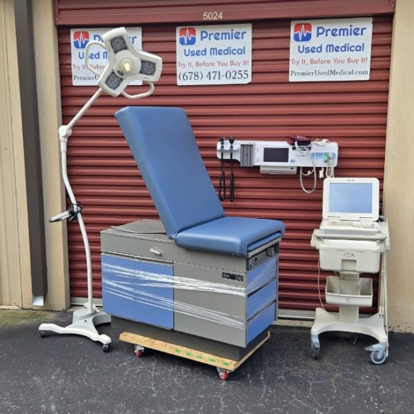 Exam Tables for Sale Stationary Manual Ritter 108 Silver Shell Blue Doors & New Blue Upholstery - Image 3