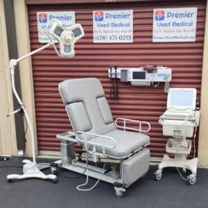 Exam Tables for Sale Oakworks Dual Tower Ultrasound Table w Foot Section, New Graphite Upholstery & Hand or Foot Controller w 2 knockouts