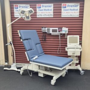 Exam Ultrasound Table Chairs for Sale Electric Hydraulic MPI Model 1233 w New Blue Denim Upholstery Power Base, Back & Trendelenburg & Hand Control