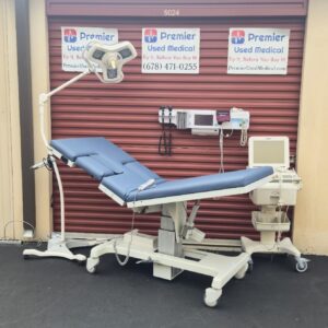 Exam Ultrasound Table Chairs for Sale Electric Hydraulic MPI Model 1233 w New Blue Denim Upholstery Power Base, Back & Trendelenburg & Hand Control